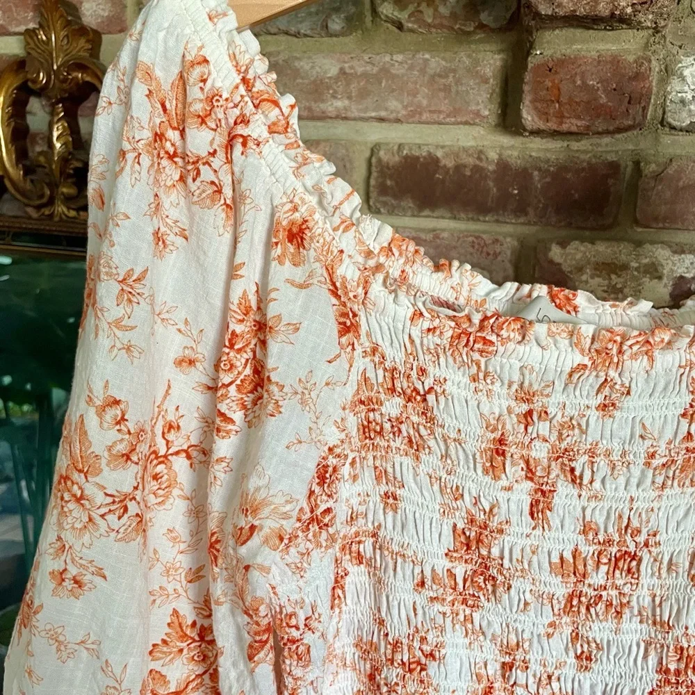 LOFT Orange Smocked Floral Peplum Blouse Puff Sleeve Cottagecore Resort Retro